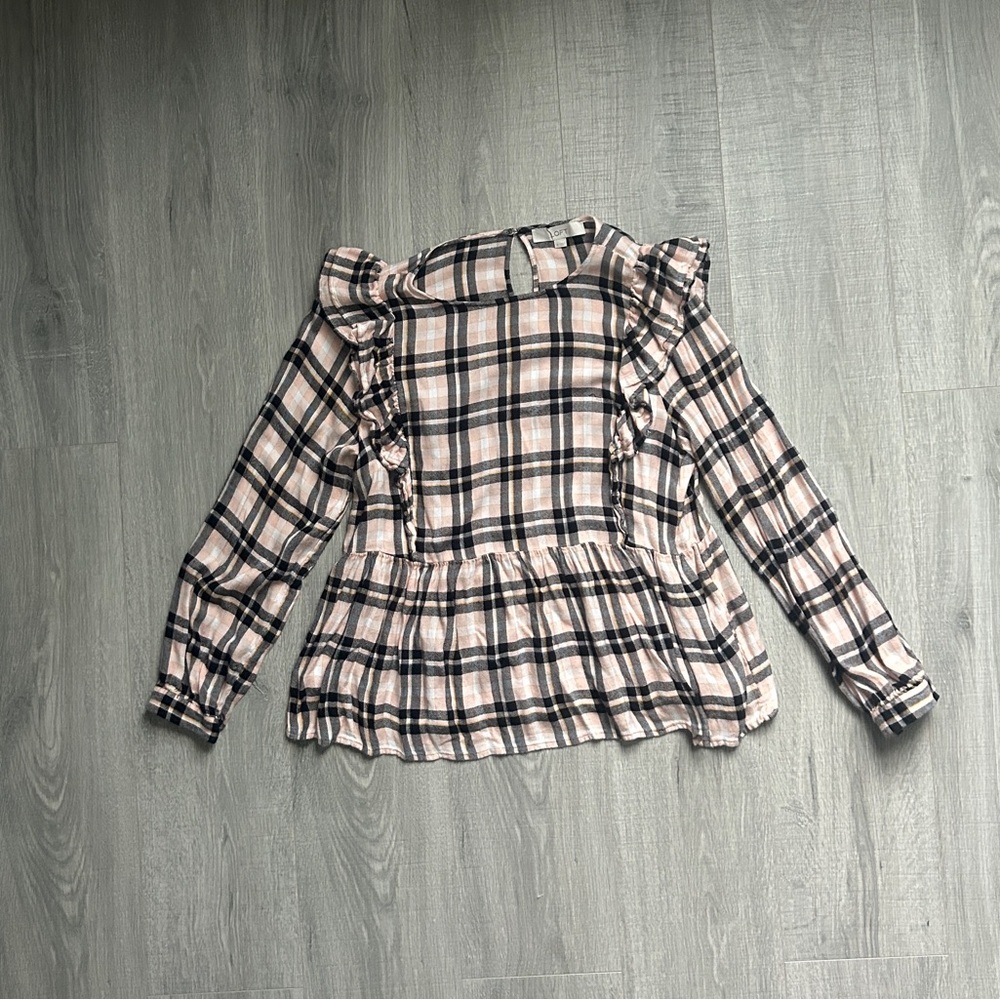 LOFT Pink Plaid Ruffle Peplum Top (Medium)